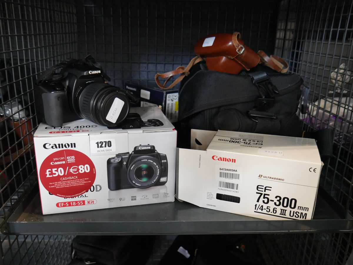2 cages containing qty of camera equipment to include Canon EOS 400D SLR camera, Panasonic Luix - Bild 2 aus 3