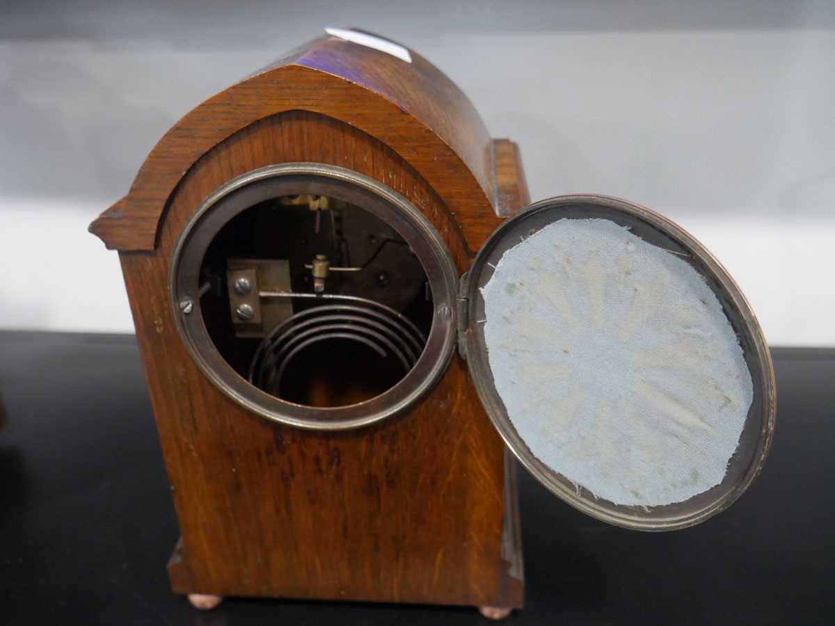 Early 20th Century dark oak cased mantle clock by Mappin & Webb with copper details - Image 2 of 2