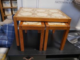 Mid century teak framed tile top coffee table with 2 further occasional tables nesting beneath