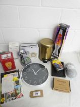 +VAT Household items to include gold coloured pedal bin, lava lamp, LED tea lights, quartz wall