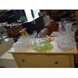 Glass dressing table set, together with cut glass and crystal tumblers, wine glasses, decanters