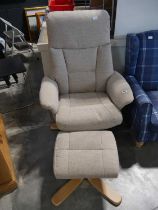 Modern oatmeal upholstered easy chair on bentwood base with matching footstool