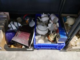 5 crates of mixed collectibles including Denby serving dish, robot fighter and other games, dolls,