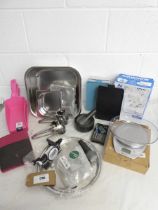 +VAT Household items to include 3 scoops in pink, Vogue stainless steel cooking trays, cheese