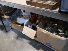 4 boxes containing various yellow metal light hangings, lamps, various brassware to include fire