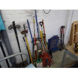 Large qty of outdoor garden hand tools to include rakes, forks, spades, pump sprayer etc