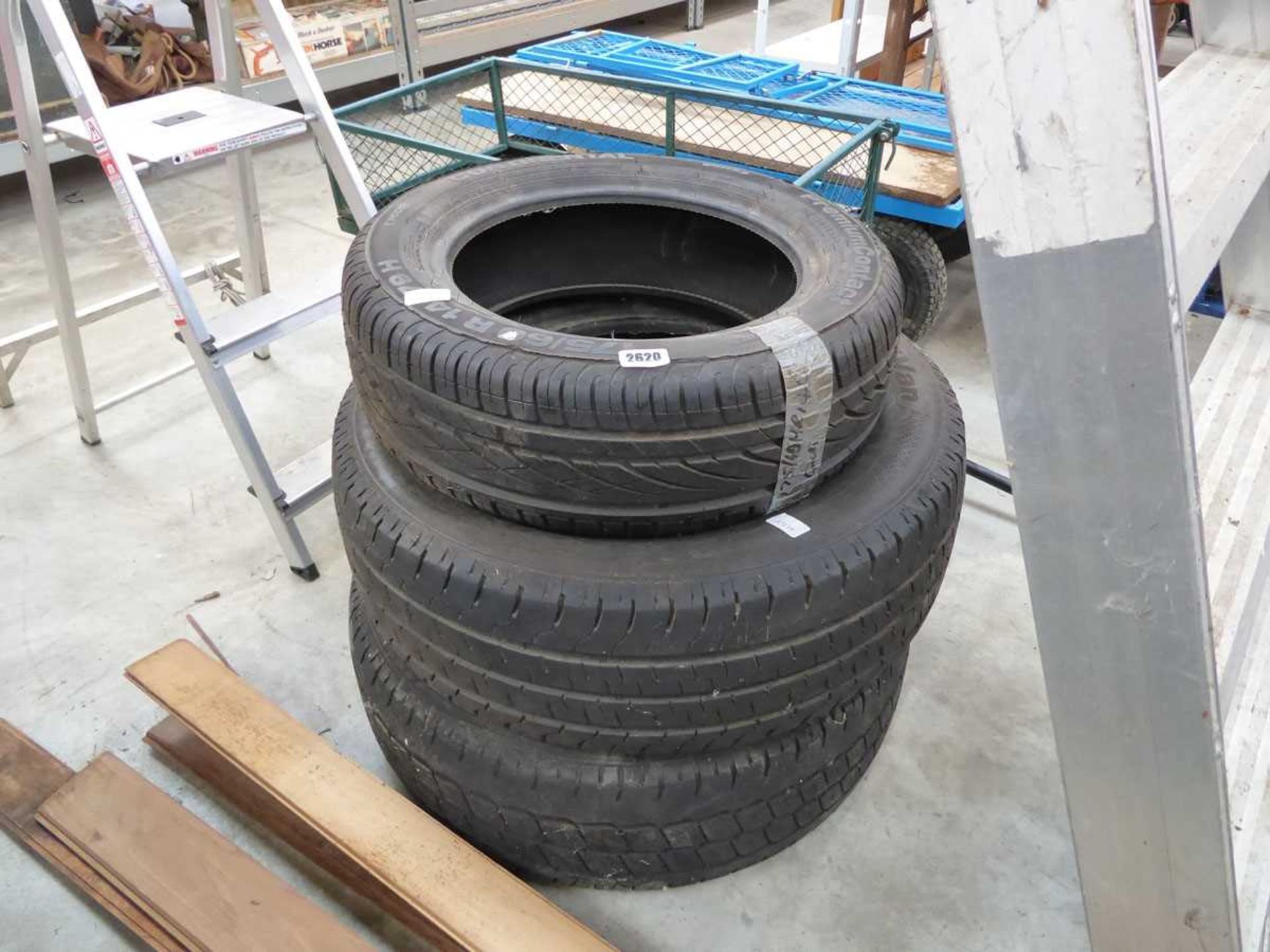 3 various sized tyres