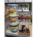 3 tubs of Ronseal 1 coat timber care paint in dark oak together with small wooden crate of mixed