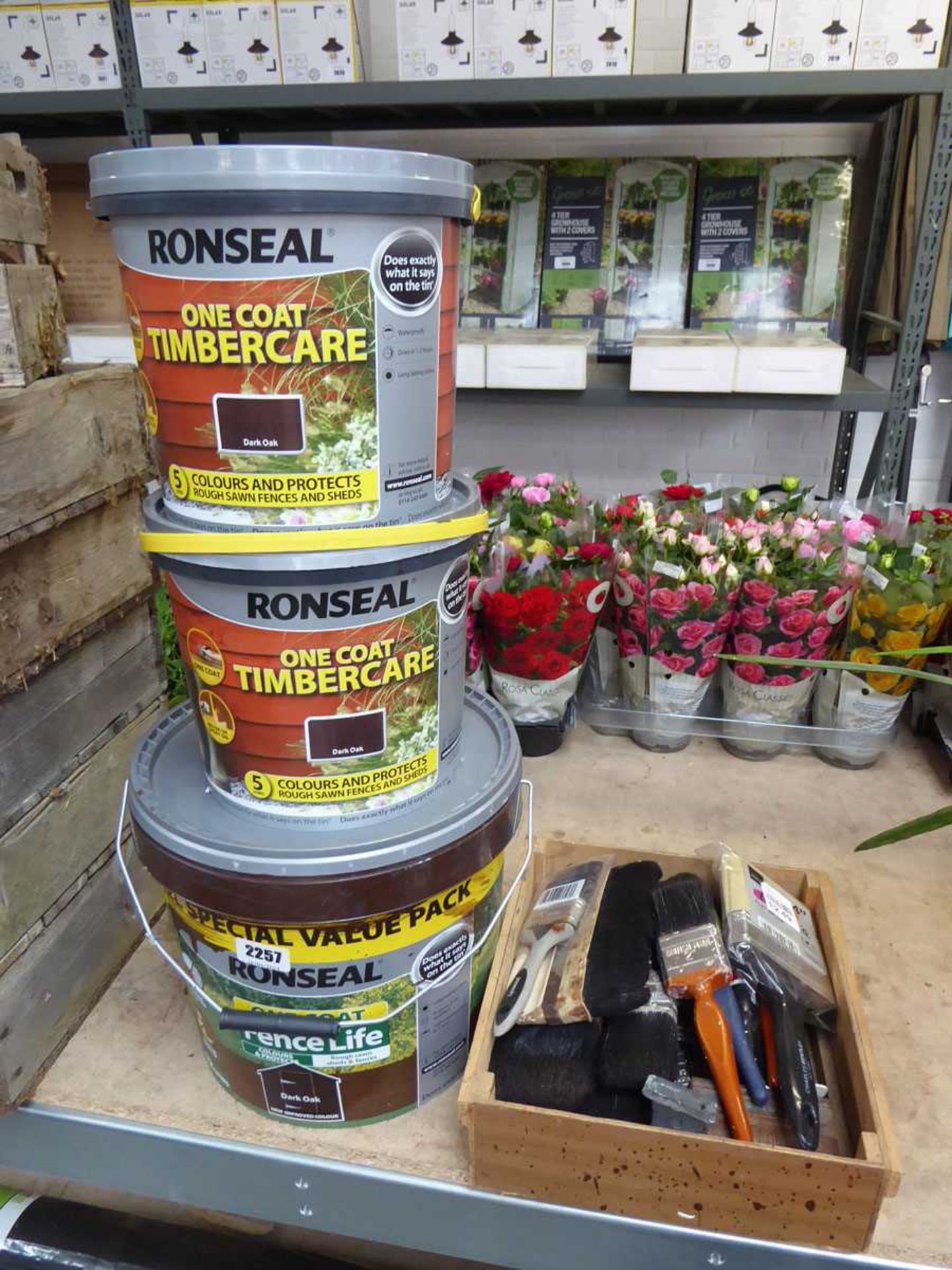 3 tubs of Ronseal 1 coat timber care paint in dark oak together with small wooden crate of mixed