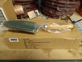 Box containing 5 wooden handled garden hand trowels