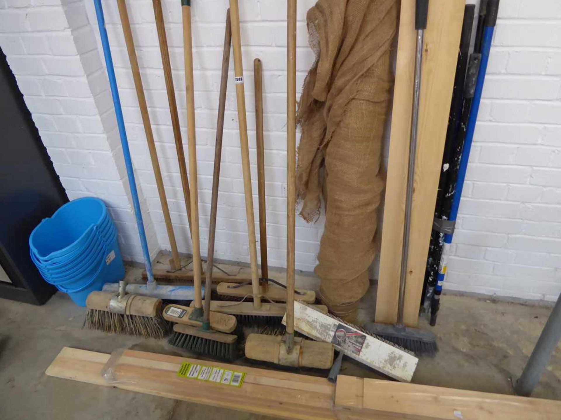 Quantity of various style brushes and brooms, together with roll of hessian, decorators poles etc. - Image 2 of 2