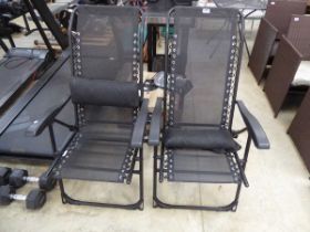 Pair of black folding reclining garden chairs