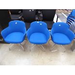 Set of 3 blue fabric conference chairs on metal support