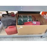 Box containing various car related items, to include jump leads, jerry cans etc.