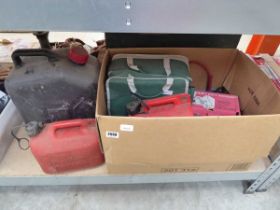 Box containing various car related items, to include jump leads, jerry cans etc.