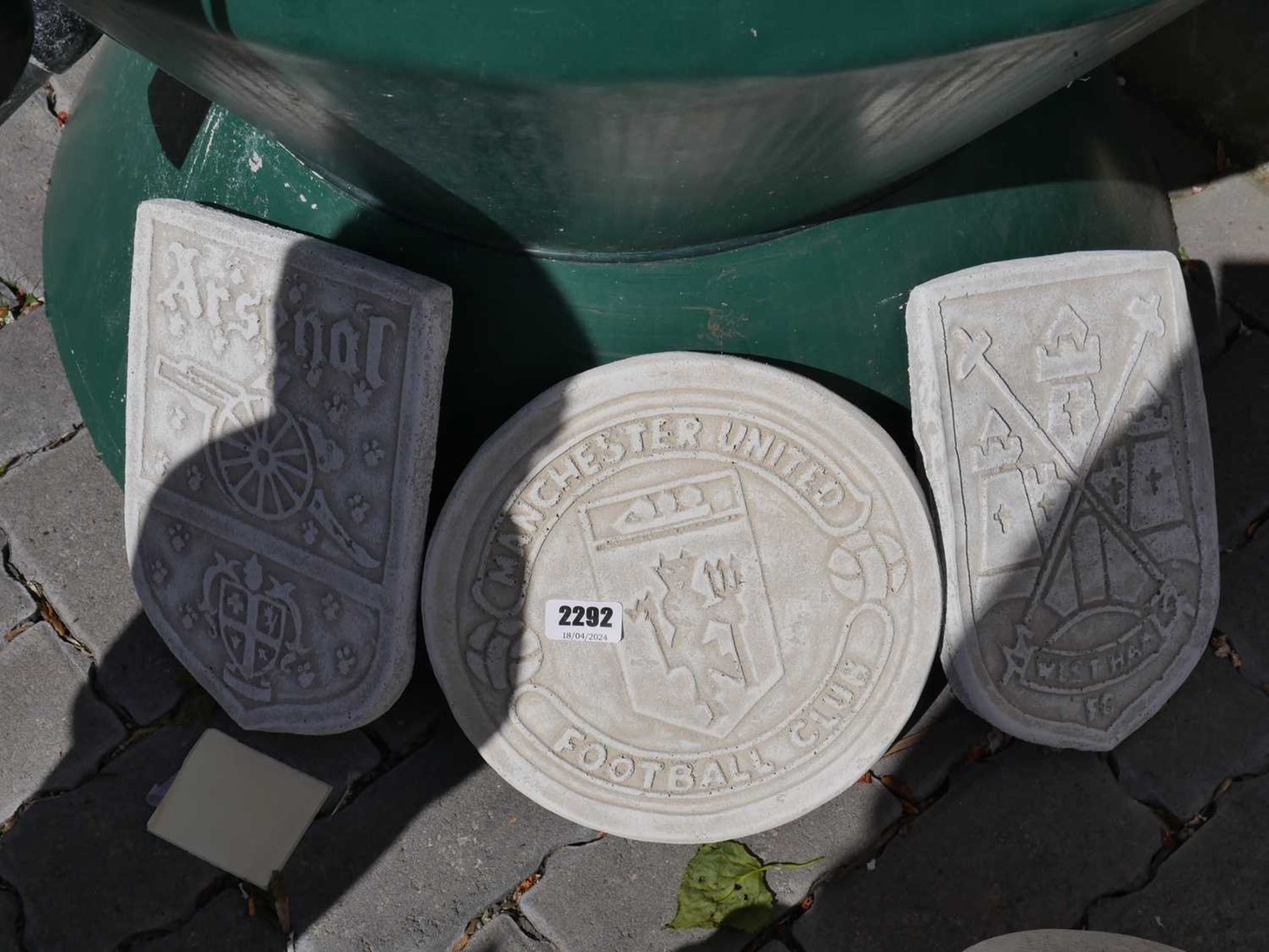 3 concrete footballl plaques; Arsenal, Manchester United and West Ham