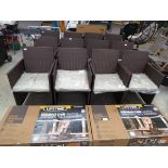 Set of 4 brown rattan garden chairs each with matching beige coloured cushions