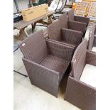 Set of 4 brown rattan garden chairs each with matching beige - no cushions