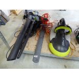 Handy electric garden leaf blower together with Flymo electric hedge cutter and electric garden