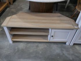 Modern light grey entertainment stand with light oak surface and shelf