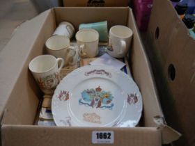 Box containing qty of Royal Commemorative mugs, plates, newspapers, magazines etc