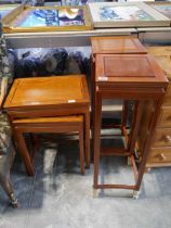 Nesting pair of hardwood occasional tables together with 2 matching plant stands