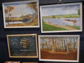 3 white framed paintings by R J Patrick depicting countryside scenes together with further framed