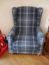 Modern blue check upholstered wing back easy chair