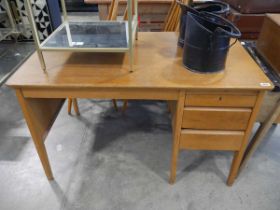 Mid Century honey oak finish desk with 3 integral drawers