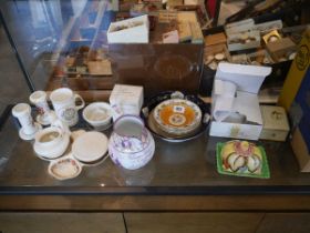 Table top of miscellaneous ceramics including Bee jar, Dunoon fine bone china cup and saucer, mug,