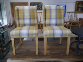 Modern pair of yellow and grey check upholstered dining chairs