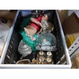 Crate containing various dolls, ET plush, white metal serving set, teapot etc