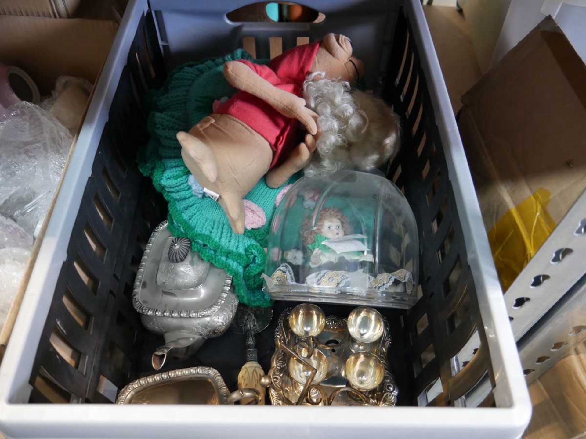 Crate containing various dolls, ET plush, white metal serving set, teapot etc