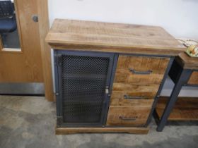 Composite wood 3 drawer sideboard with single mesh fronted metal door