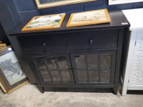 Black sideboard with 2 drawers and 2 glass fronted cupboards