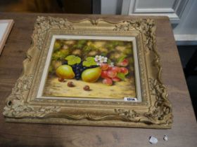 Gilt framed still life of fruit by JF Smith. Smith was a porcelain artist for Royal Worcester