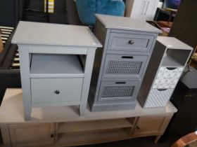 Collection of grey furniture including night stand and 2 storage units