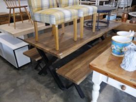 Picnic style dining bench with hardwood finish and 2 matching seats