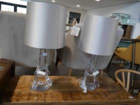 2 art glass table lamp bases with cylindrical silver coloured shades