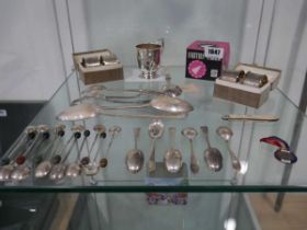 Parcel of silver including 2 sets of cased napkin rings, pocket knife, sets of teaspoons,