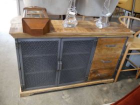 Industrial sideboard with lattice fronted metal cupboard doors and 3 right hand drawers