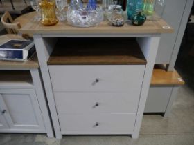 Modern light grey chest of 3 drawers with open front top and light oak surface