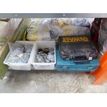 Makita tool case together with DeWalt tool case (no contents) and 2 crates of various fixings