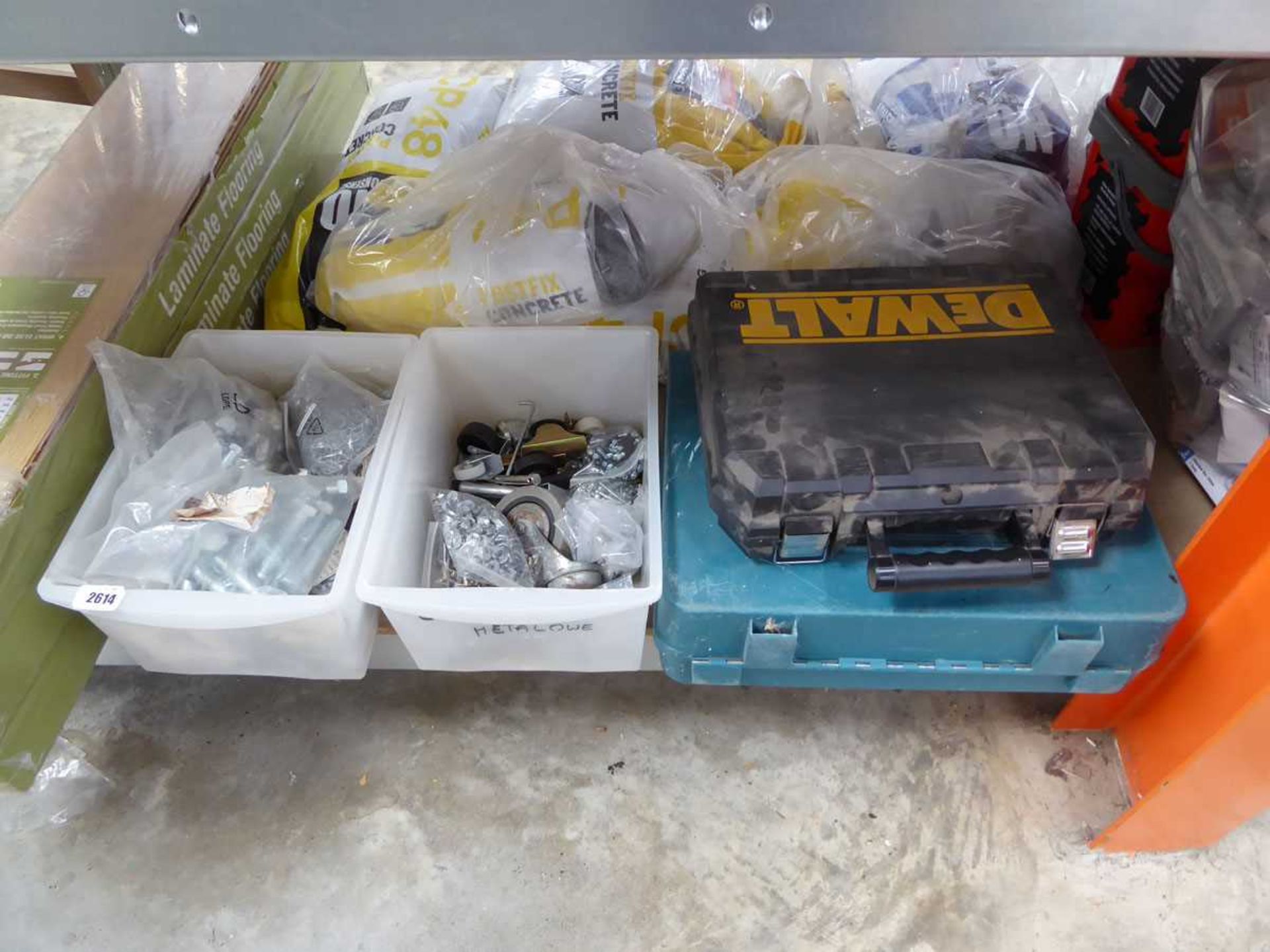 Makita tool case together with DeWalt tool case (no contents) and 2 crates of various fixings