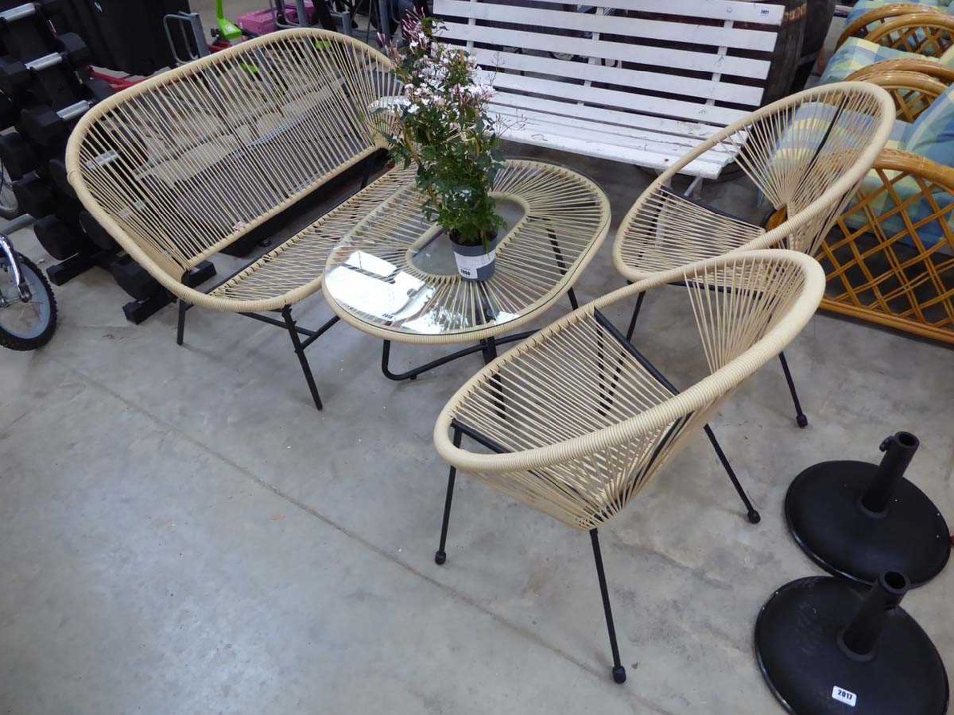 Black and beige rope effect 4 piece garden outdoor seating set comprising 2 seater sofa, 2 armchairs