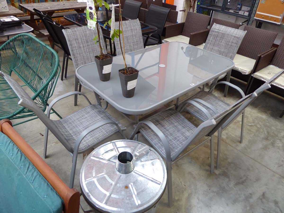 Grey aluminium 7 piece outdoor garden dining set comprising rectangular glass topped table with