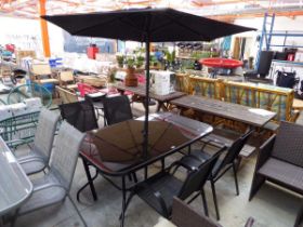 Black aluminium 6 piece outdoor garden dining set comprising rectangular glass topped table together