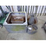 Large galvanised tank together with galvanised twin handled tub, galvanised jug, galvanised mop