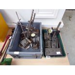 2 crates containing qty of various engineers stands and clock stands withdial indicator parrallel