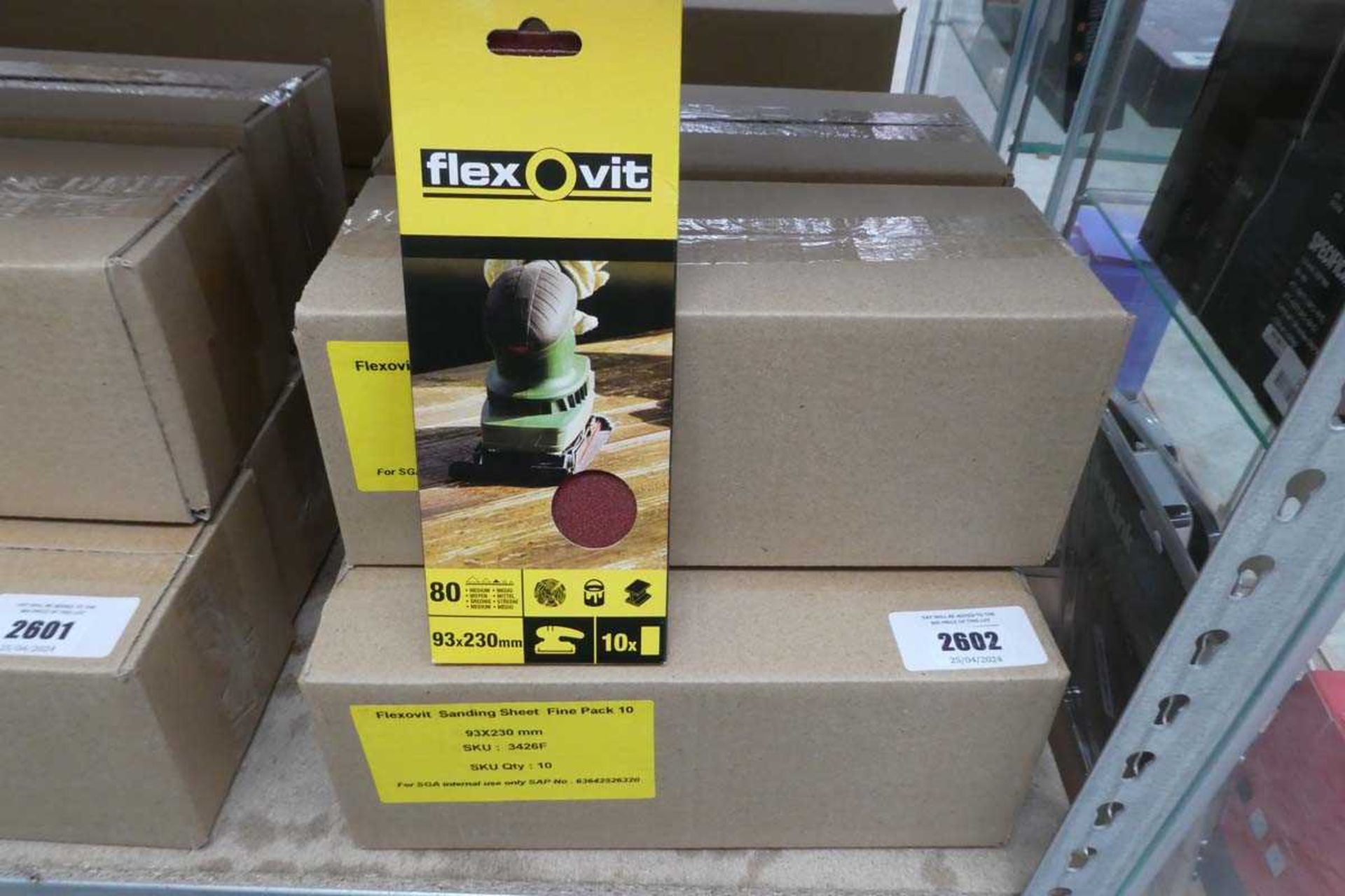 +VAT 5 boxes containing 10 packs (in each box) of Flexovit 10 piece 93 x 230mm. fine sanding sheets